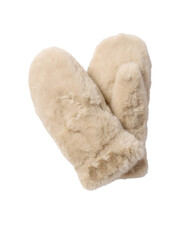 A pair of fluffy knitted mittens in a heart shape isolated on transparent background