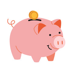 Cute piggy bank with coin, symbol of saving money and personal finance. Trendy modern vector illustration isolated on white background, hand drawn, flat design
