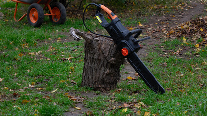 Electric Chainsaw Leaning on a Rough Tree Stump in a Garden or Yard with Fallen Leaves and a Wheelbarrow in the Background