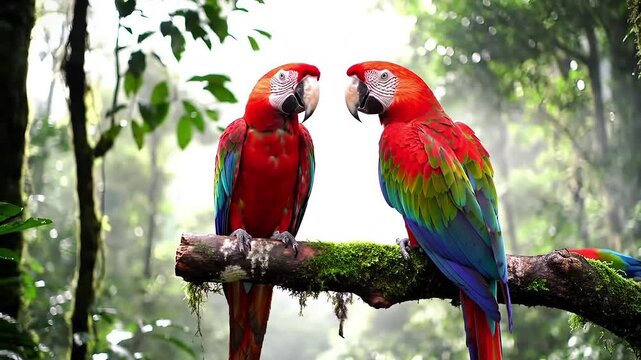 Vibrant scarlet macaws perched in lush rainforest, a tropical paradise scene with stunning avian wildlife in motion, ideal for nature documentaries
