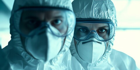Scientists wearing protective suits and masks.