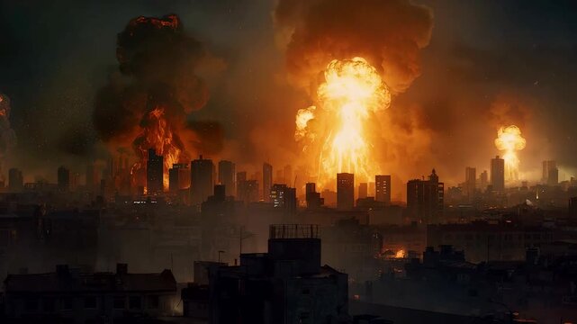 Massive urban fireballs rising above a dark city skyline as multiple explosions illuminate smoke-filled skies in a dramatic catastrophic scene