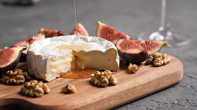 Pouring honey onto creamy brie cheese with figs and walnuts creates a stunning gourmet food experience for elegant events and culinary delights