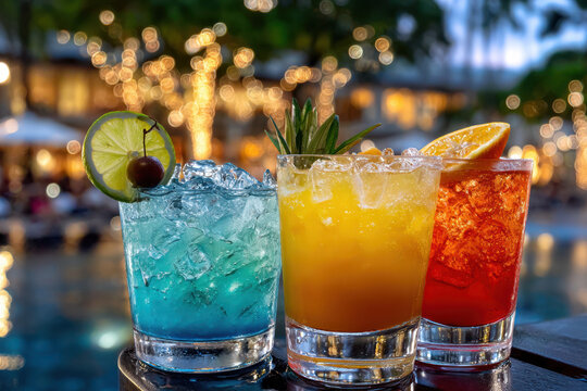 Three Colorful Cocktails by Pool at Twilight