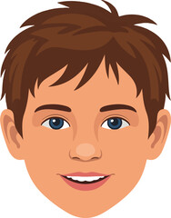 Young man head vector illustration with brown hair and blue eyes smiling face avatar