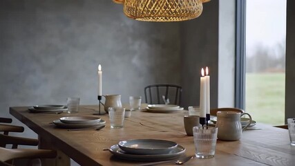 Intimate candlelit dinner setting, perfect for cozy gatherings or romantic evenings, providing warmth and ambiance in a minimalist dining space