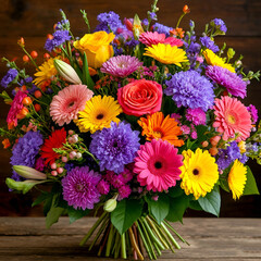 Vibrant Mixed Flower Bouquet on Dark Wood Background