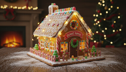 Cozy festive gingerbread house with glowing light sweet christmas holiday decoration and traditional dessert