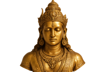Golden Hindu style deity bust statue with closed eyes in meditation, ornate spiritual sculpture isolated background