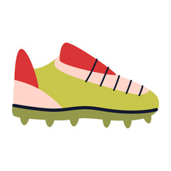 Colorful soccer cleat with studs. Football footwear for outdoor sport and competition. Trendy modern vector illustration isolated on white background, hand drawn, flat design