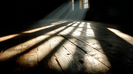Film Noir Drama: Elongated Bamboo Shadows Cast by Spotlight on a Darkened Studio Floor