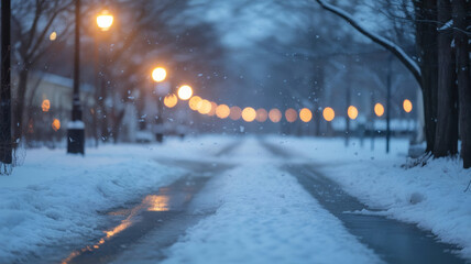 A scenic winter landscape features a snow covered road winding through a frozen forest park with white frost on the trees