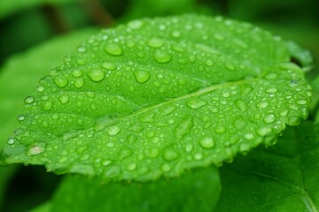 Macro photograph of a luscious green leaf adorned with morning dew droplets.
