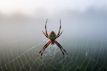 In the morning mist, a spider weaves a web in stunning close-up.