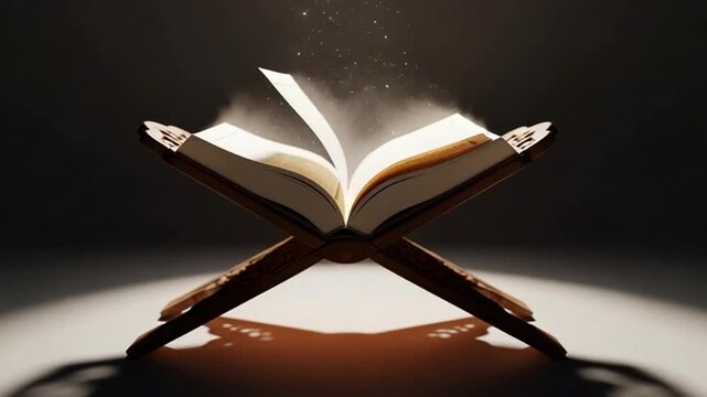 An open holy book, possibly the Quran, illuminated by a divine light, resting on a traditional wooden stand in a dark setting.