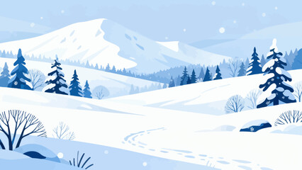 This serene winter illustration depicts a snow-covered mountain range under a clear blue sky, with snowflakes falling, scattered branches, and snow-dusted bushes.