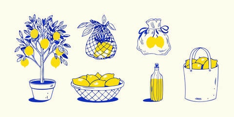 Hand drawn lemon illustration with tree basket bag and bottle