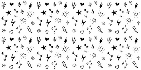 Hand drawn doodle pattern with hearts stars lightning bolts and swirls