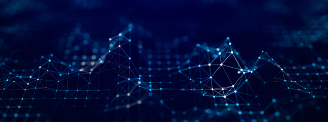 Wave of streaming particles on a light blue background. Abstract background with dynamic elements of waves and dots. 3d