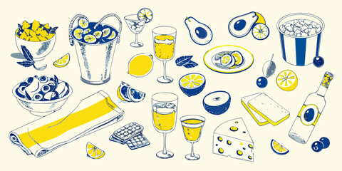 Hand drawn food and drink illustration with lemons cheese and cocktails