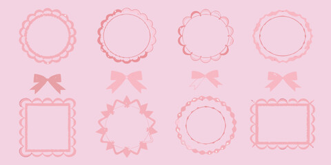Collection of pink frames and bows for decoration on a pink background