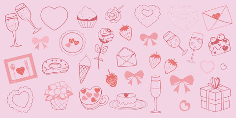 Hand drawn valentine s day icons on pink background for celebration