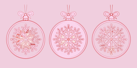 Three pink christmas ornaments with snowflakes on a pink background