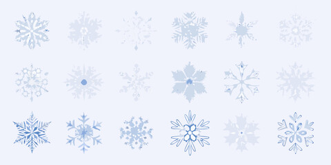 Delicate blue watercolor snowflake collection on light blue background