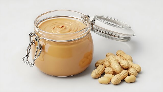 Creamy peanut butter in a glass jar with peanuts on a white background