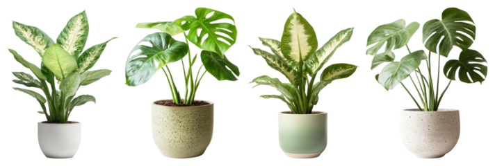 PNG Four potted green indoor plants, element set on transparent background