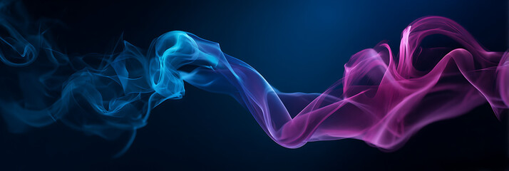 Swirling blue and pink smoke waves against black background, abstract colorful vapor or fume texture for creative graphic design and motion concepts.