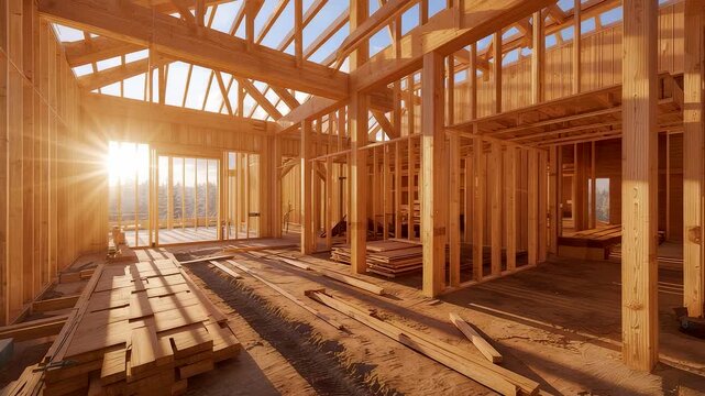 Warm sunlight illuminating a wooden house framework under construction with structural beams, open spaces, and natural timber textures throughout