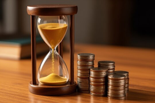 Hourglass with sand falling next to stack of coins on wooden desk: Conceptual image - Powered by Adobe