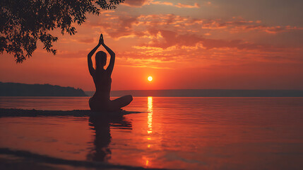 Silhouette of a young woman doing yoga on a beach at sunset