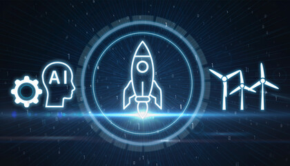 Obraz premium Future Vision: Futuristic circular illustration of innovation concepts including AI, rocket and wind turbines, symbolizing progress and innovation.