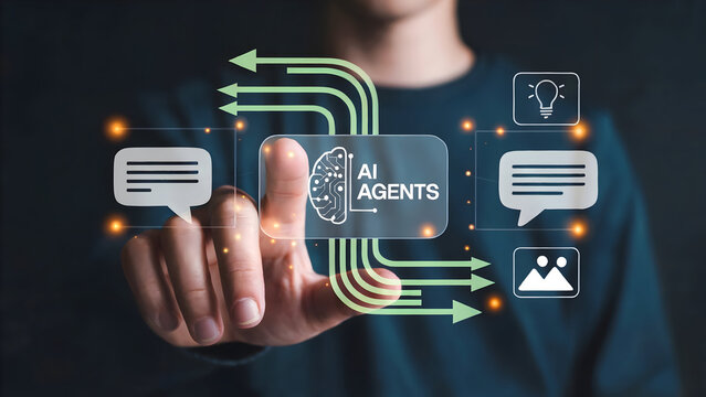 Person interacting with a holographic interface displaying AI agents and various communication and idea icons