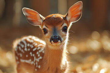 A sweet, close-up portrait of a fawn in soft sunlight. Warm golden highlights highlight the delicate texture of its fur, large, expressive eyes, and the white spots on its back.