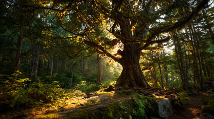 Obraz premium An ancient tree illuminated by golden sunlight in an old-growth forest (1)