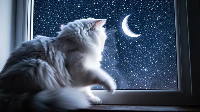 Fluffy cat stares at the moon