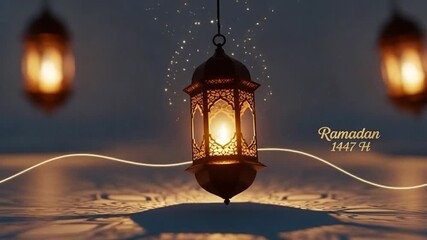 Ornate glowing lanterns illuminate a serene dark setting, celebrating Ramadan 1447 H with a warm, spiritual ambiance.