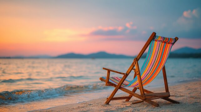 A wooden chair with colorful stripes sits on the sand by the ocean. Waves are gently lapping at the shore. The sky is filled with colors from the sunset and distant hills can be seen