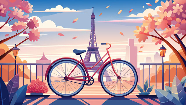 A bicycle in paris with the eiffel tower view