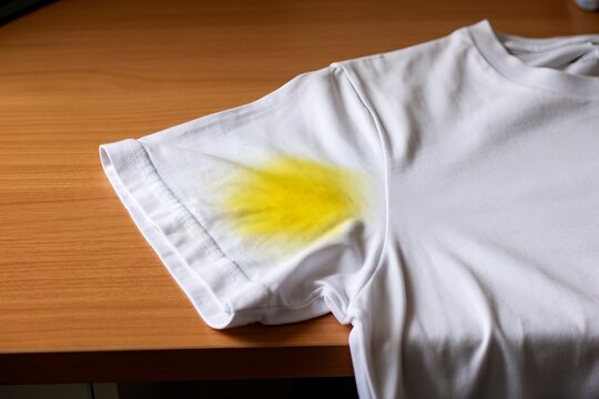 Capturing Everyday Beauty: A Simple Photo of a Yellow Armpit Stain on a White T-shirt Resting on a Wooden Desk