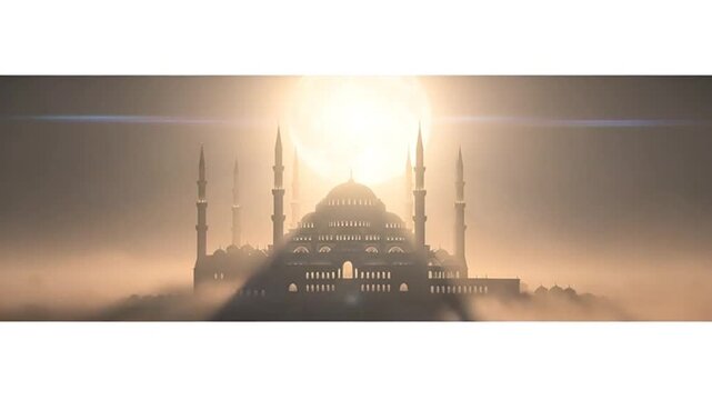 Majestic silhouette of a grand mosque with multiple minarets and domes at sunrise, shrouded in mist and glowing light.