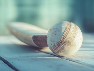 A close-up of a baseball bat resting on a wooden table with the baseball ball touching it.