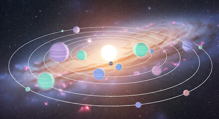 Colorful illustration of a solar system with orbiting planets and a bright star against a sprawling distant galaxy