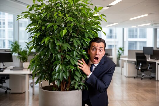 Terrified Businessman Hiding Behind Large Potted Plant in Contemporary Office Environment
