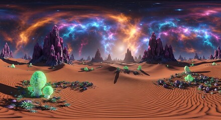 Alien Desert Panorama with Cosmic Nebulae