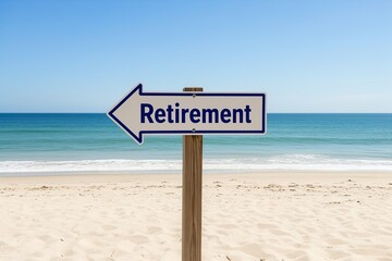 Retirement Sign on Pristine Beach with Ocean Background, Arrow Pointing Left