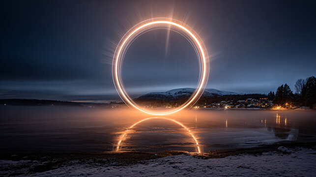 Pink Neon Circle Ring Portal Over Ocean Sunset Landscape Scenery Background
